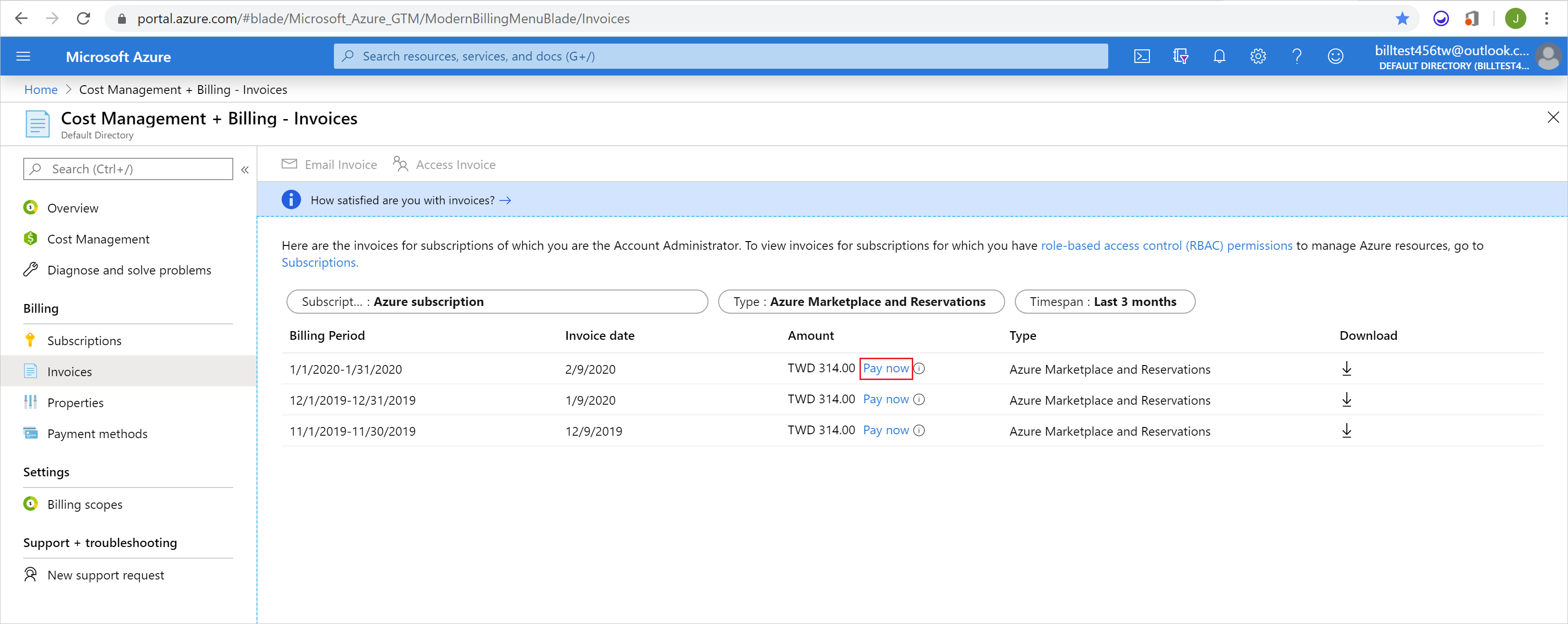 Screenshot showing Pay now link selected in invoices grid.