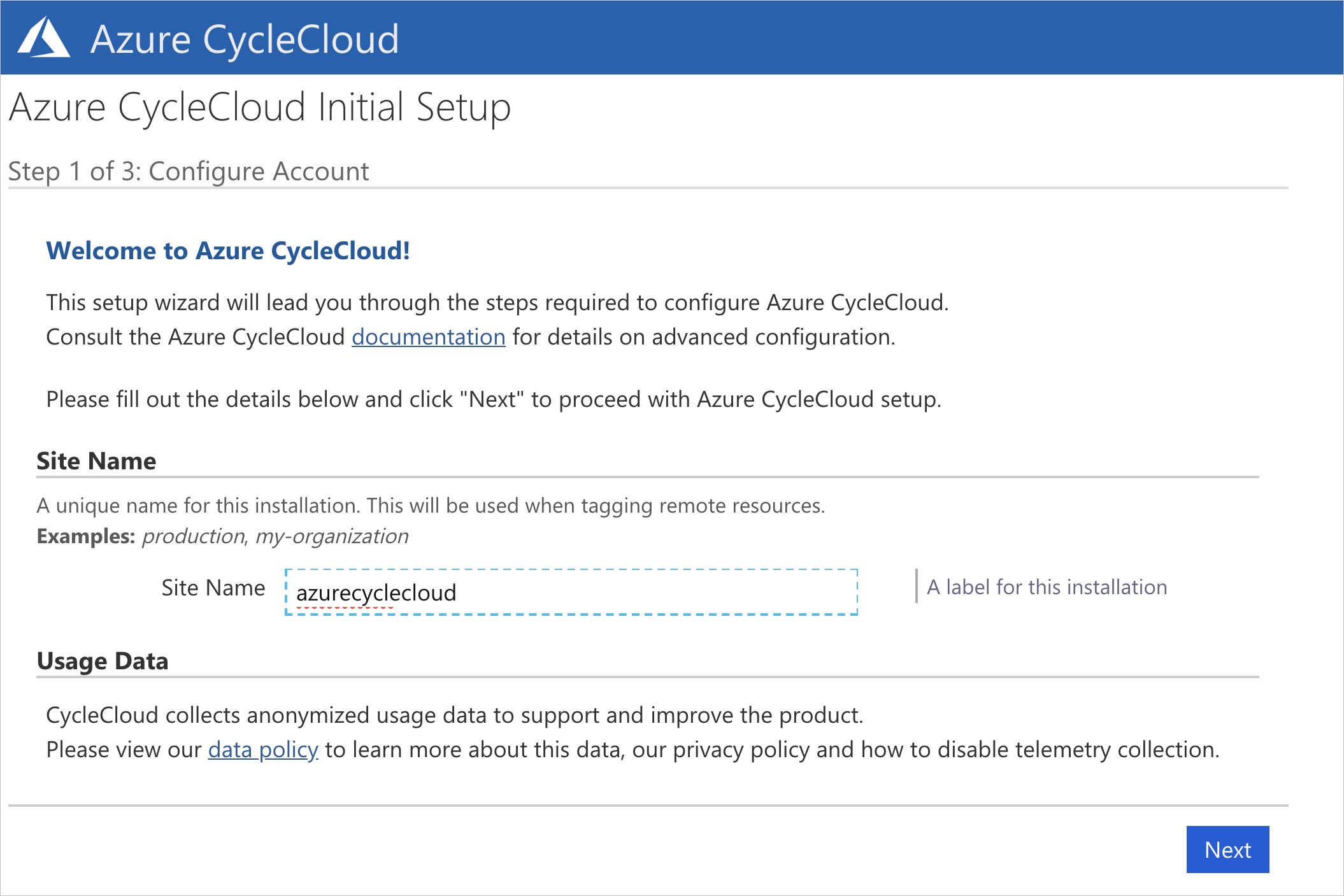 CycleCloud Welcome screen