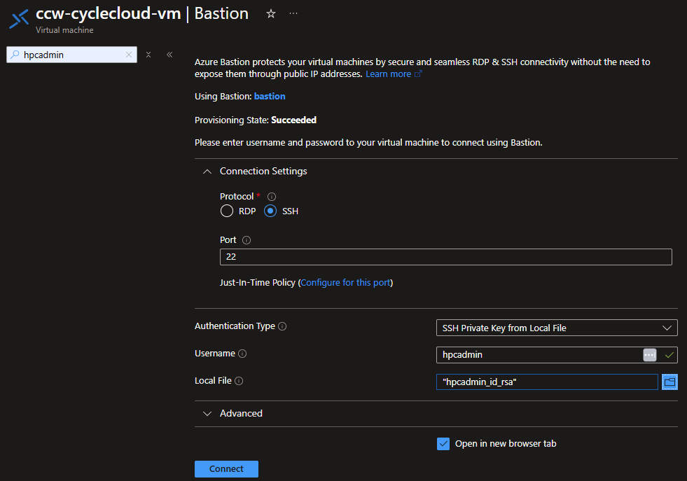 Screenshot of the Connect with Bastion connection options