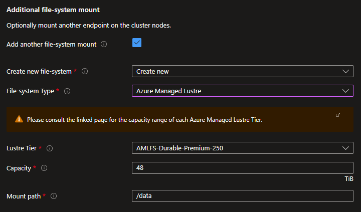 Screenshot of the Additional File-system mount for create new Azure Managed Lustre