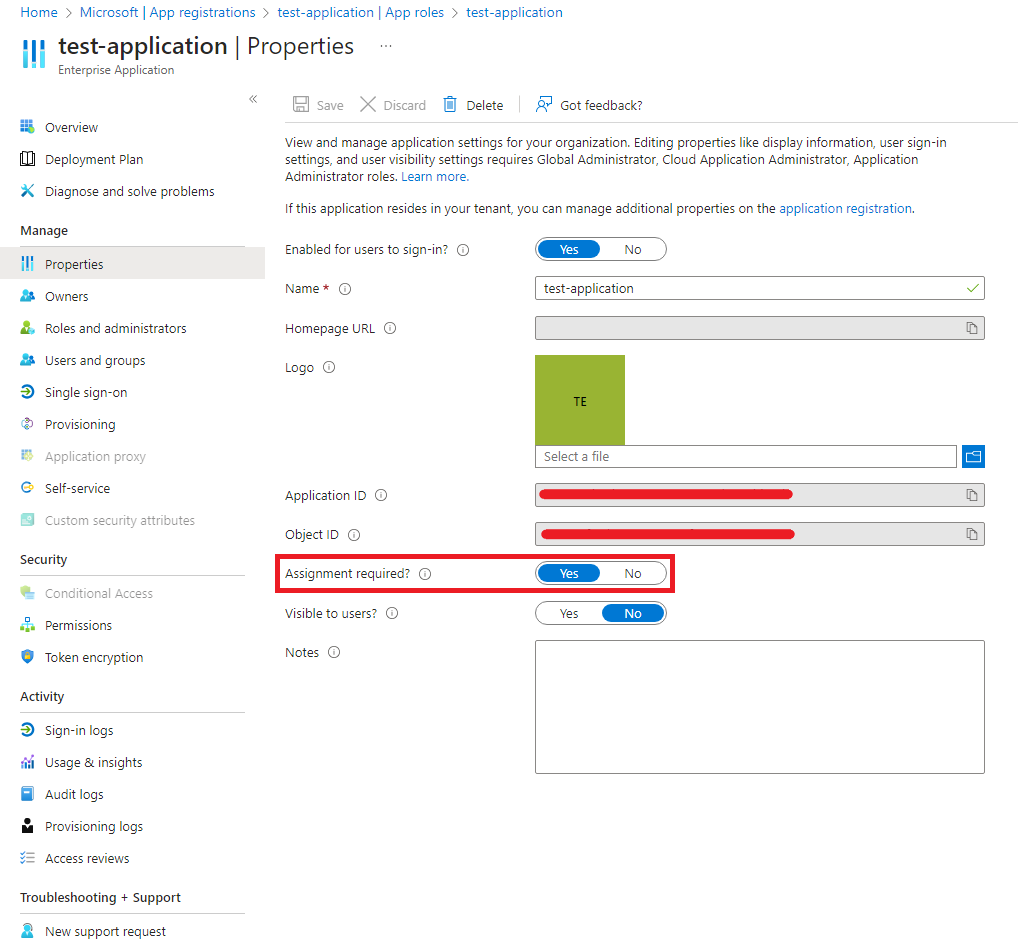 Assignment required setting highlight in the Enterprise Application blade