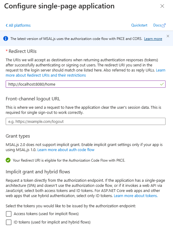 Single-page application configuration menu