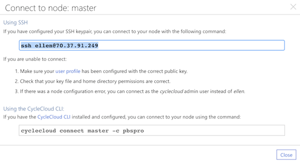 CycleCloud Master Node Connection Screen