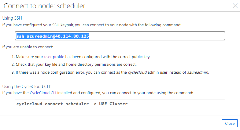 CycleCloud Master Node Connection Screen