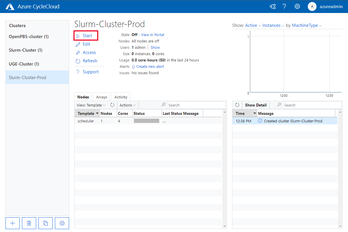 start cluster dialog