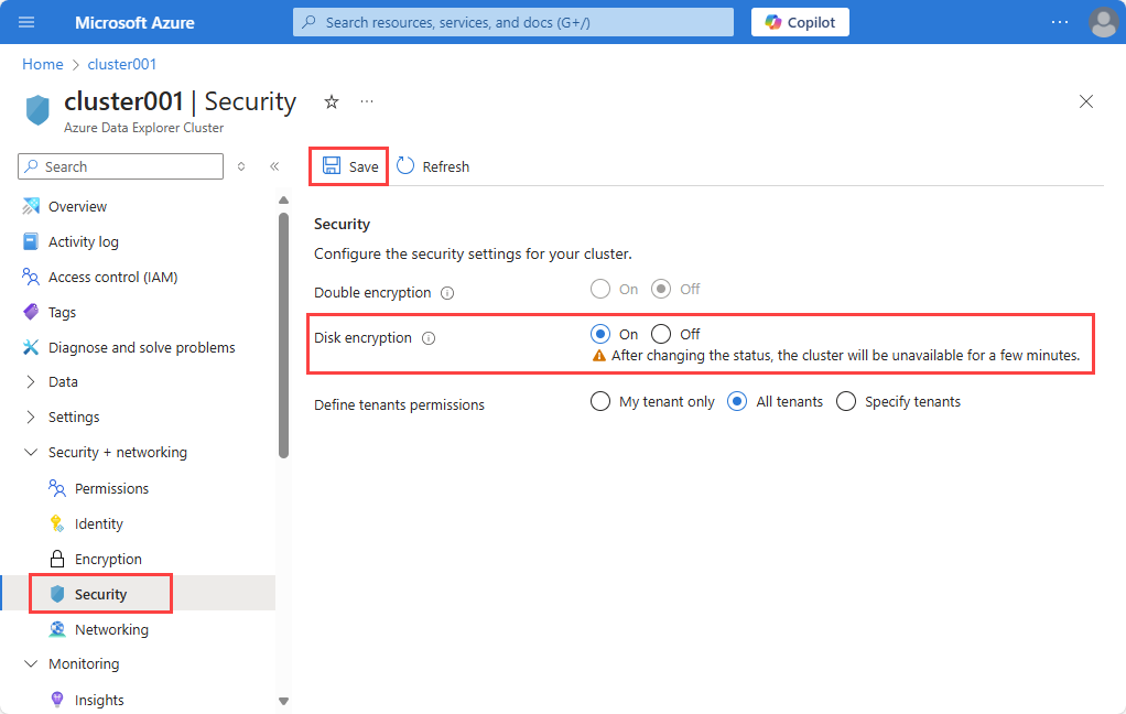 Screenshot of security page, showing disk encryption at rest being turned on.