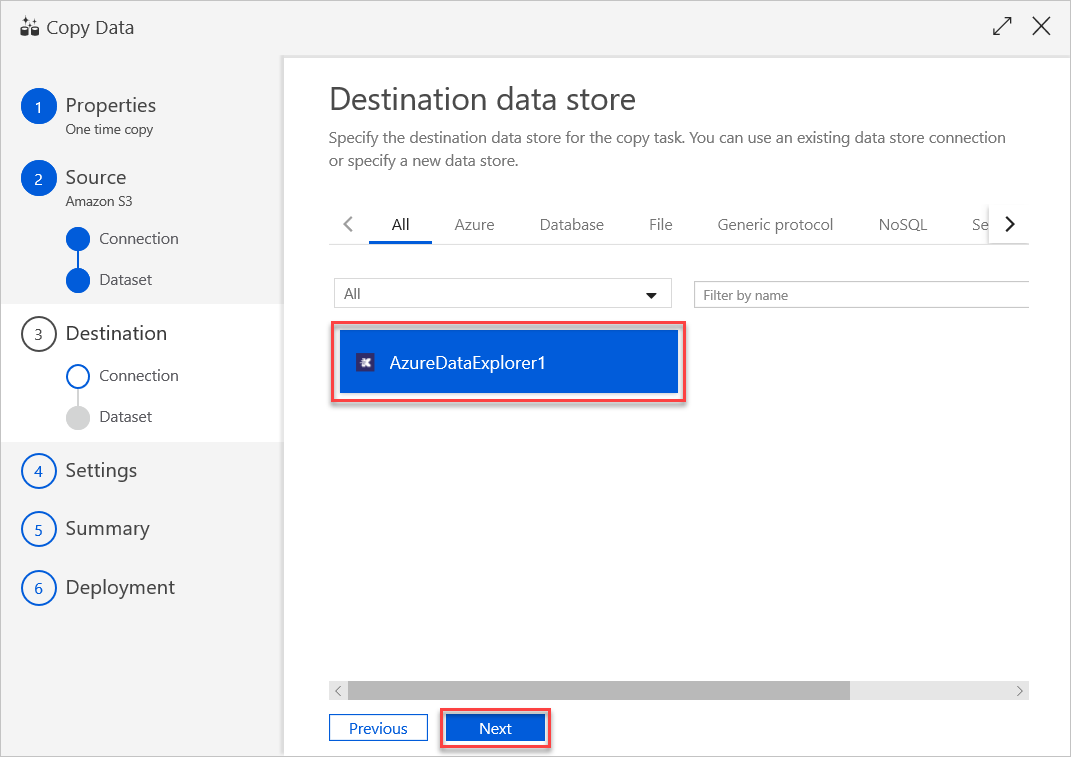 The Azure Data Explorer "Destination data store" pane