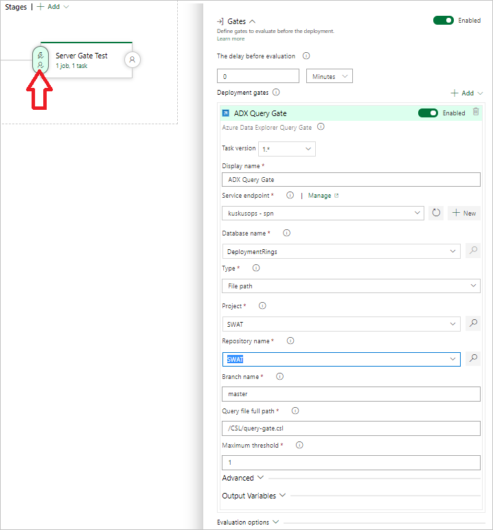 Screenshot showing how to select a Server Gate task.