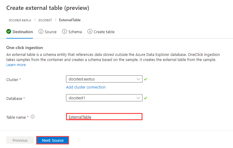 Screen capture of the Destination tab with Cluster, Database, and Table name fields.