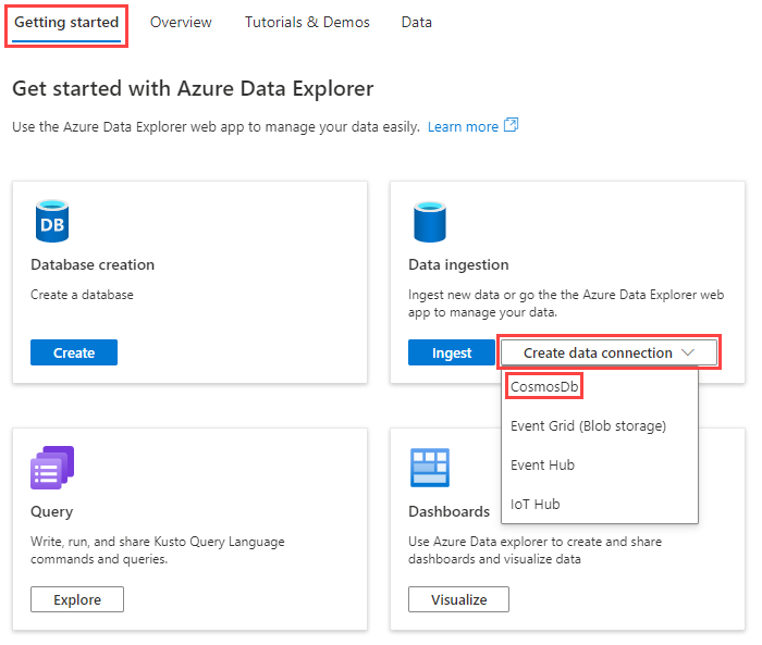 Screenshot of the Getting started tab, showing the Create Cosmos DB data connection option.