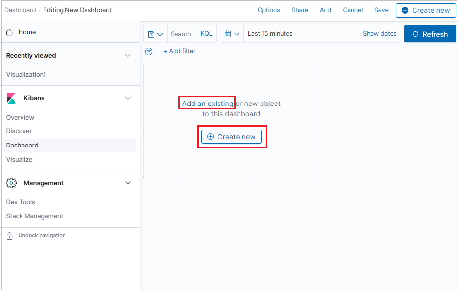 Screenshot of adding an existing visualization to a dashboard.