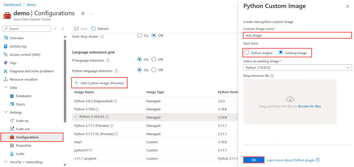 Screenshot of Azure Data Explorer cluster configuration page, showing the custom image creation pane.