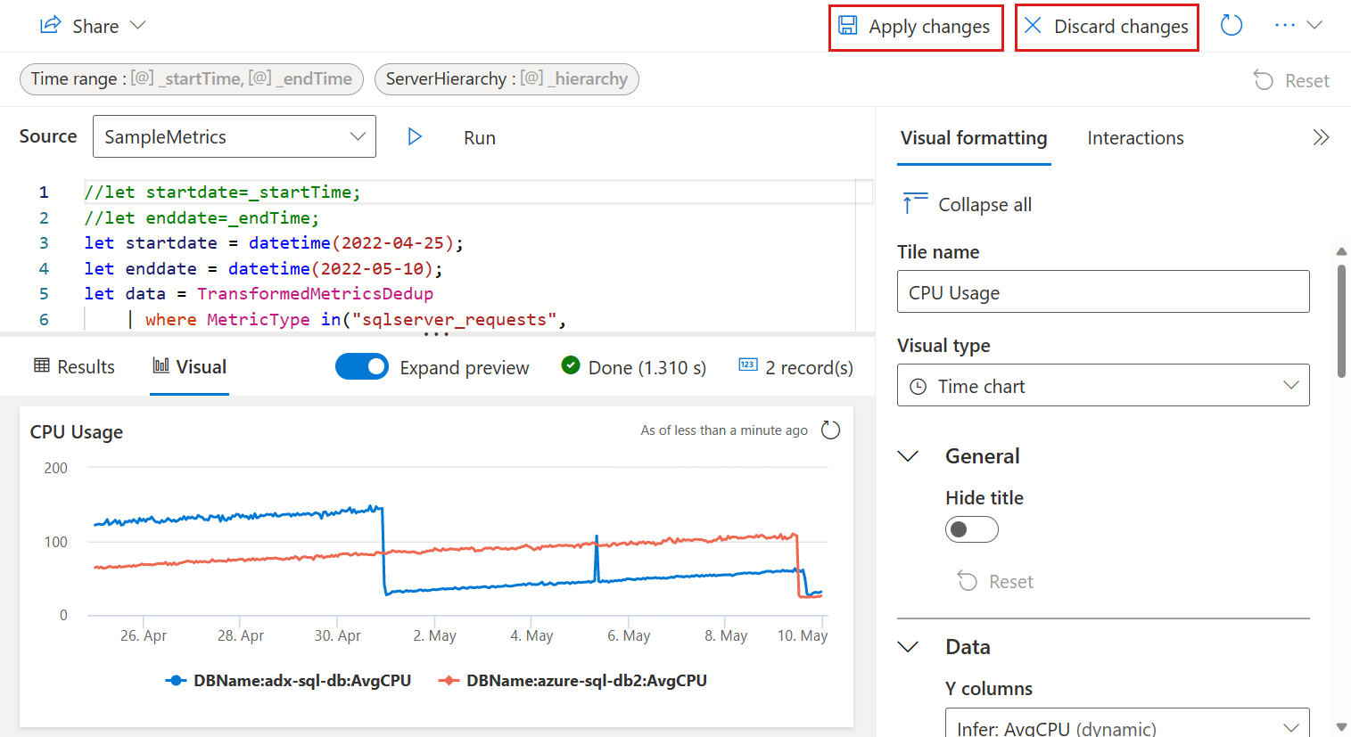 Screenshot of CPU usage tile edit window with options to apply or discard changes.