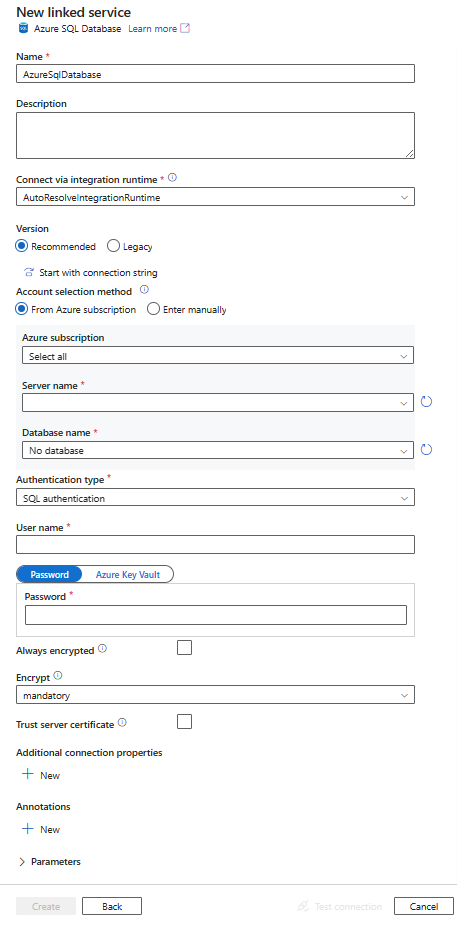 Screenshot of configuration for Azure SQL Database linked service.