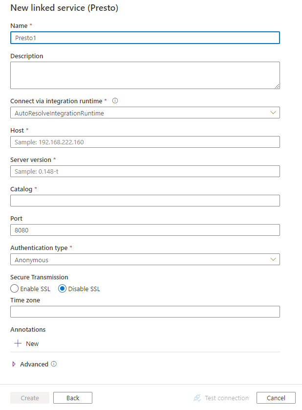 Screenshot of linked service configuration for Presto.