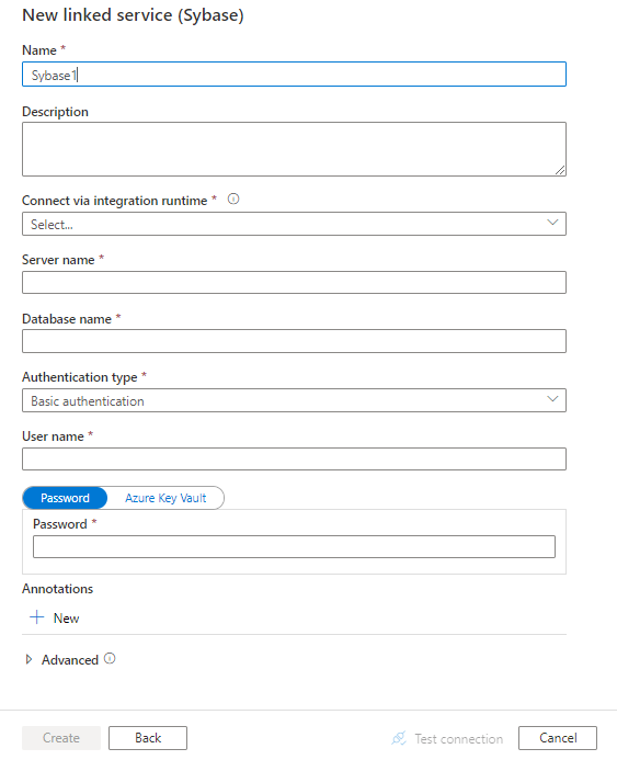 Configure a linked service to Sybase.