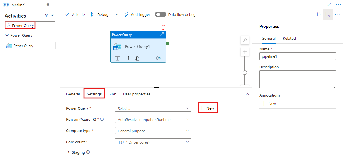 Shows the UI for the &nbsp;Settings&nbsp; tab of a Power Query activity.