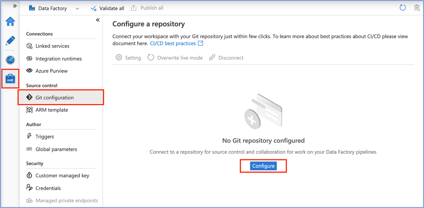 Shows the Azure Data Factory Studio with the Git configuration blade selected.