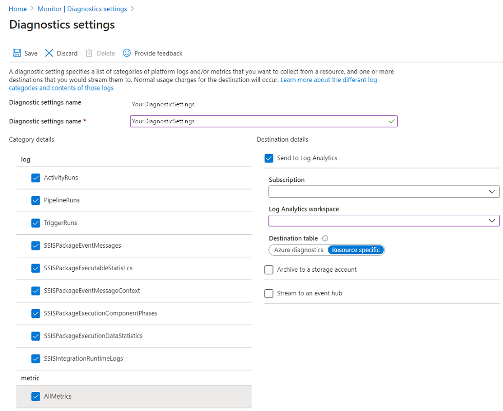 Name your settings and select a log-analytics workspace