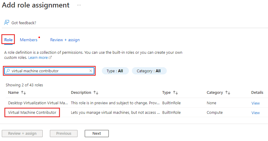 Sreenshot showing search results for the &quot;Virtual Machine Contributor&quot; role.