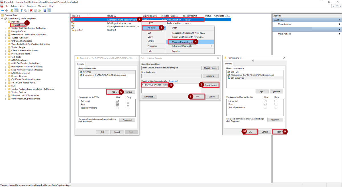 Screenshot that shows the third step to add self-hosted IR service account to the private key permissions.