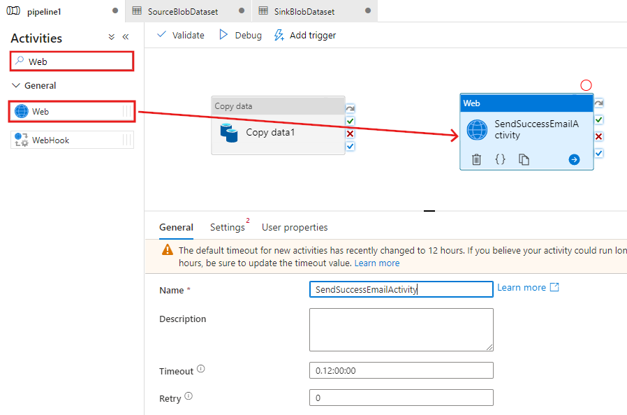 Shows a screenshot demonstrating how to drag and drop the first Web activity.