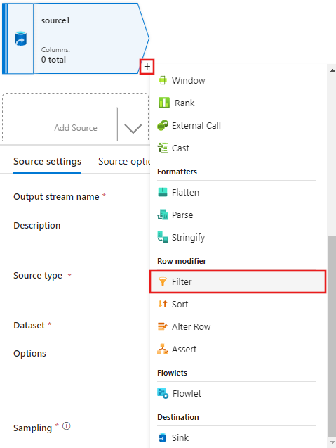 Screenshot showing where to add a Filter condition to the data flow.