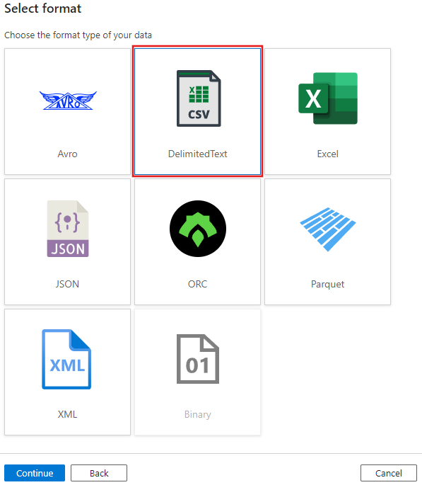 Screenshot showing where to select the format for the dataset.