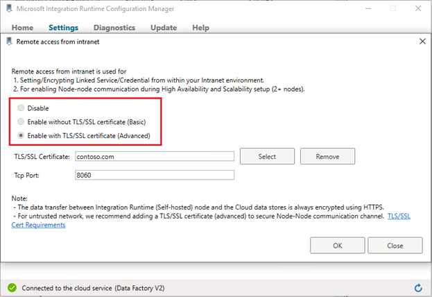 Screenshot that shows enabling with TLS/SSL certificate (Advanced).