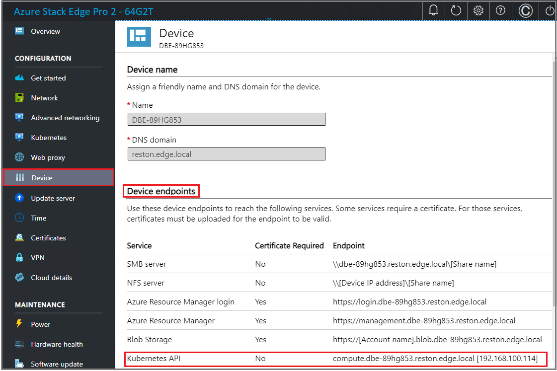 Screenshot that shows the device page in local UI.