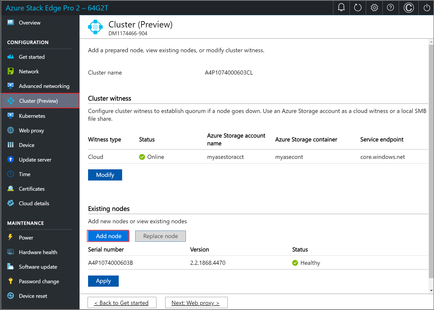 Screenshot of local web UI "Cluster" page with "Add node" option selected for "Existing" on first node.