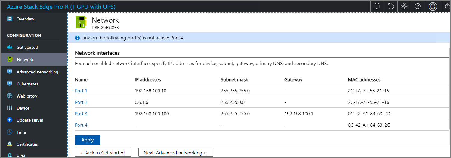 Local web UI "Network settings" page