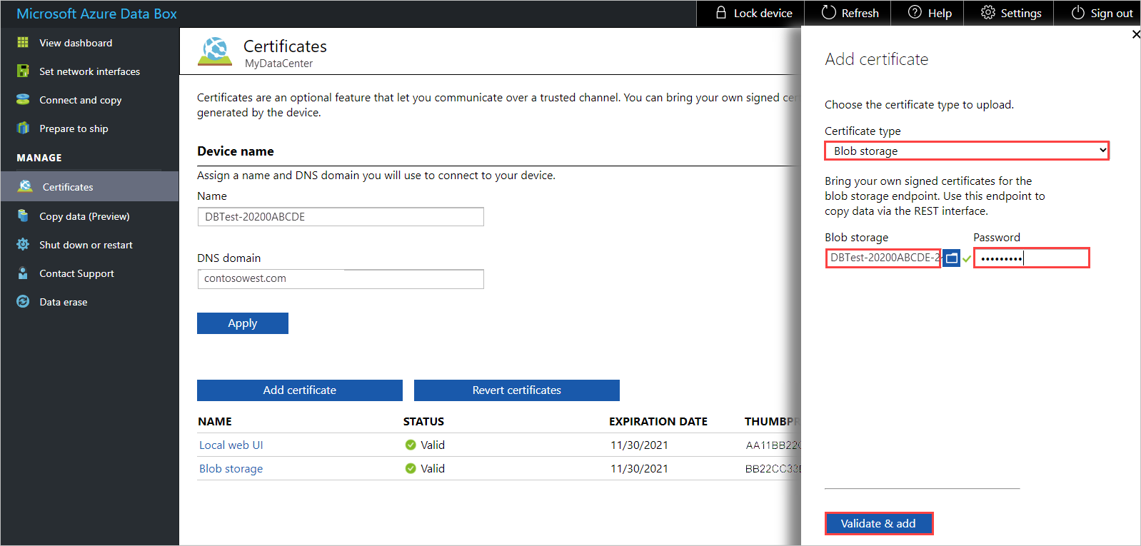 Settings for adding a Blob endpoint certificate to a Data Box