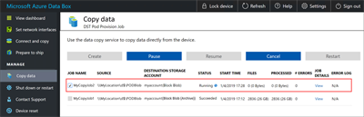 Manage a job on the "Copy data" page