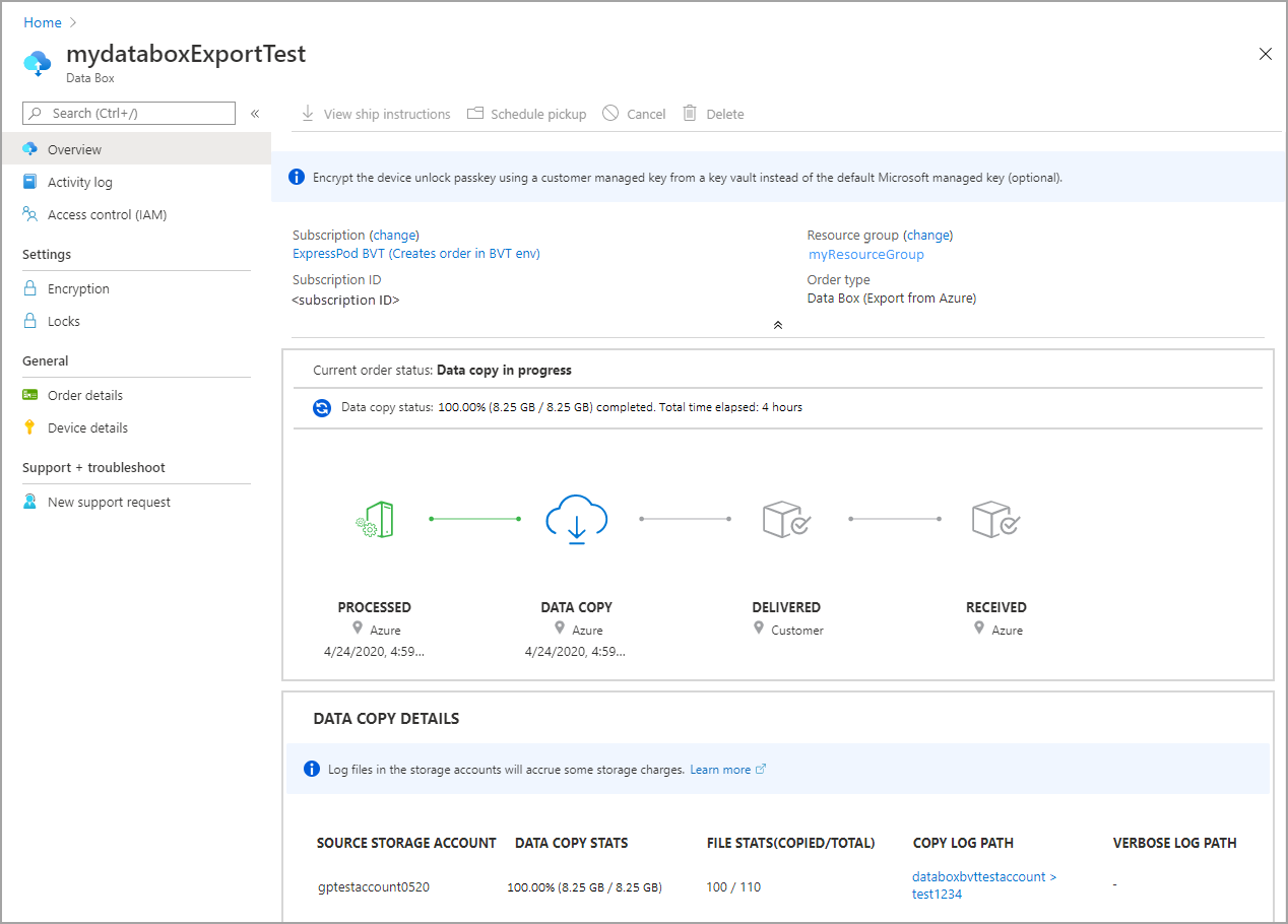 Data Box export order, data copy in progress