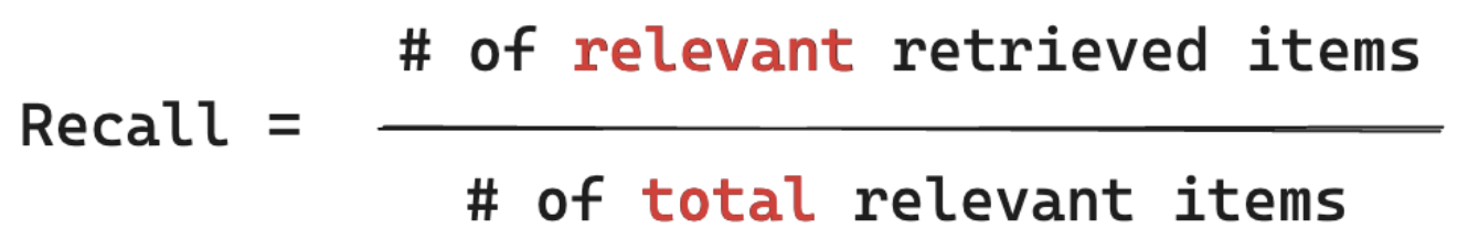 Formula for calculating recall.