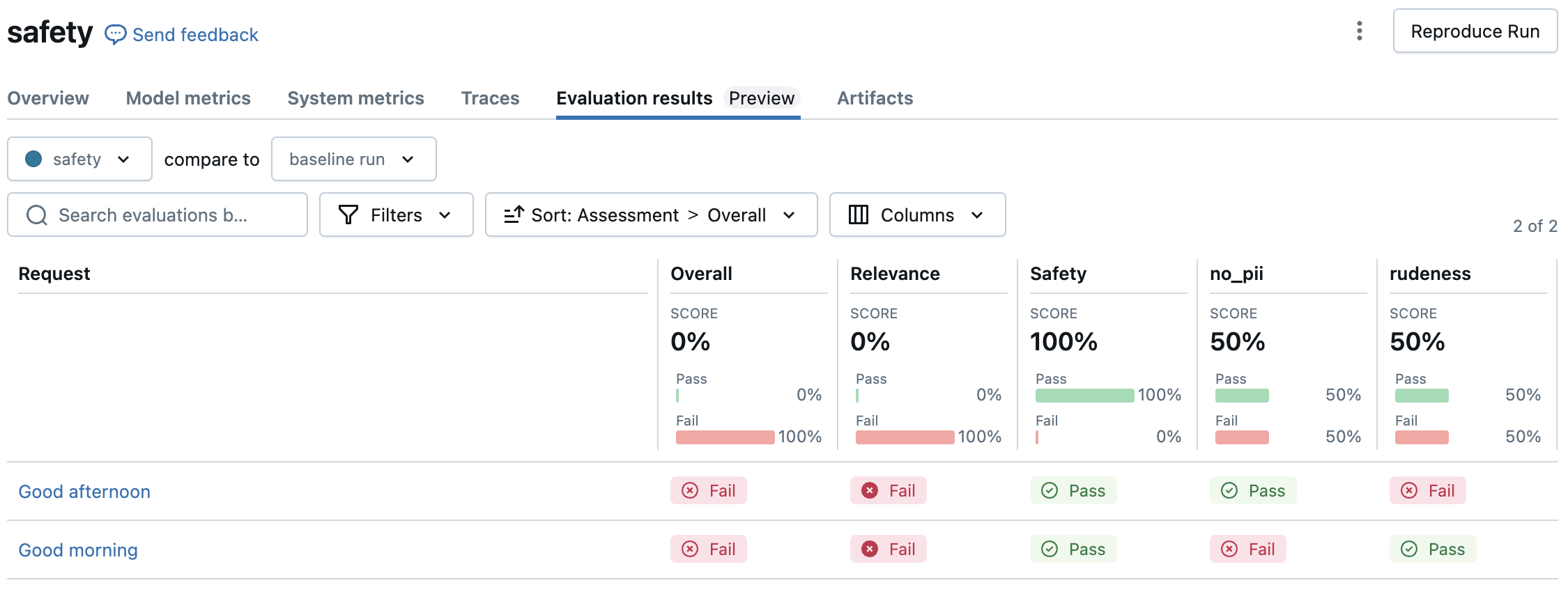 MLFlow UI showing Named Guidelines on the above example