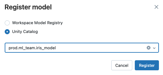 Register model version dialog with button