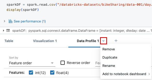 Notebook data profile drop down menu