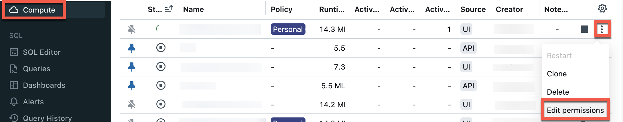 Select Compute from the sidebar, select the kebab to the right of your Git proxy server compute resource