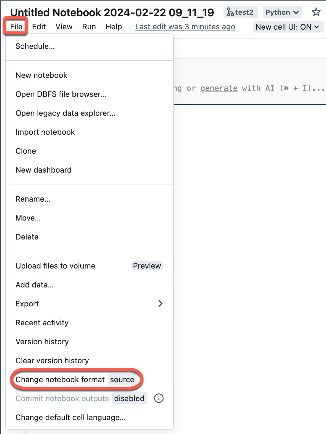 The workspace file menu, expanded, showing the Change notebook format option.