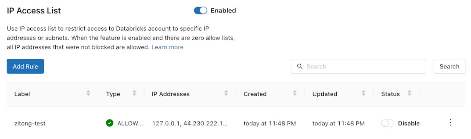 IP access lists for account console main settings