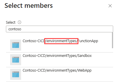 Screenshot of the Select members pane, showing a list of project environment types with part of the name highlighted.