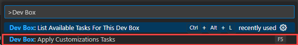 Screenshot of the Dev Box command palette in Visual Studio Code, showing the 'Dev Box: Apply customizations tasks' command.