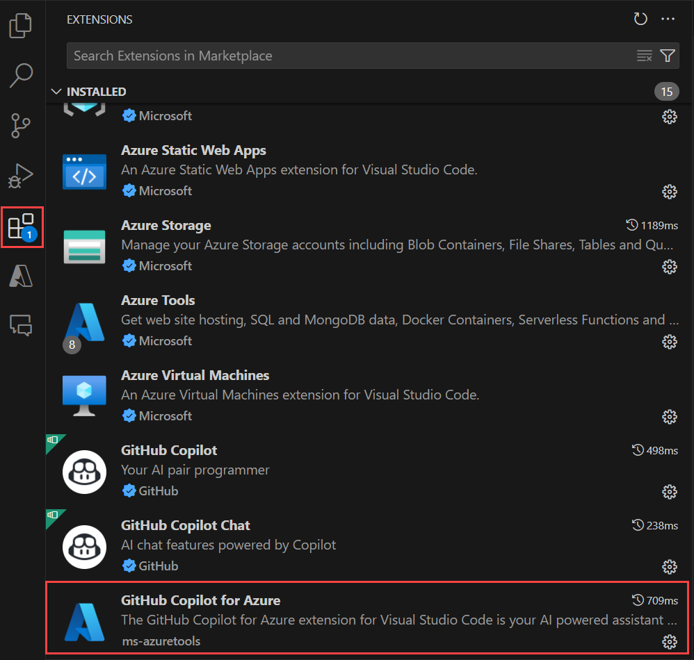 Screenshot that shows GitHub Copilot for Azure in the list of extensions in Visual Studio Code.