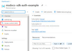 A screenshot showing the location of the Access control (IAM) menu item in the left-hand menu of an Azure resource group.