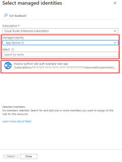 A screenshot showing how to use the select managed identities dialog to filter and select the managed identity to assign the role to.