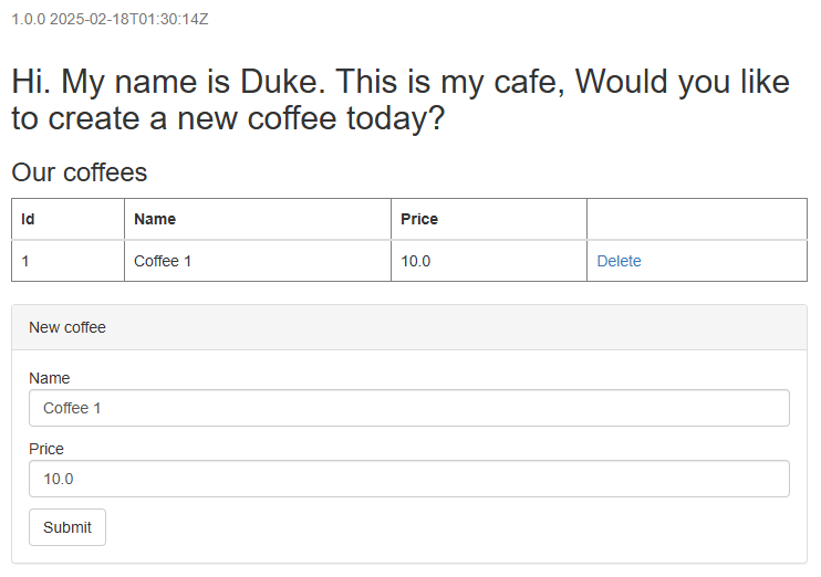 Screenshot of sample application showing new coffee created and persisted in the session of the application.