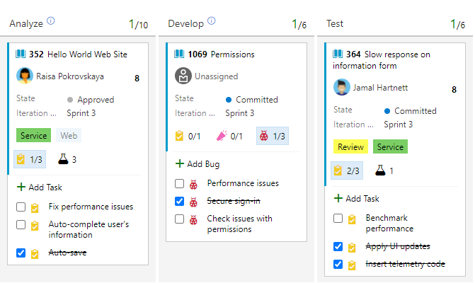 Screenshot of product-level board with three work items showing child lists