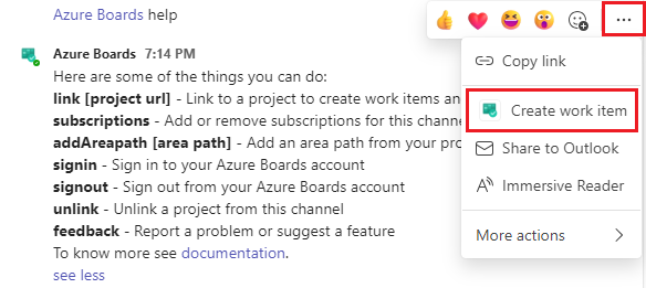 Screenshot of selecting create work item in the more actions menu.